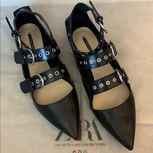 ZARA black pointed toe flats with metal straps